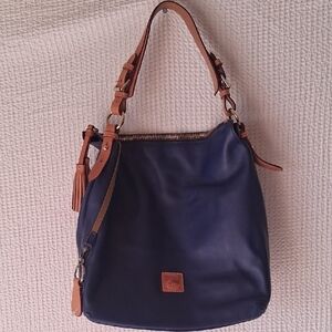 Navy Leather Tote with Tan Trim